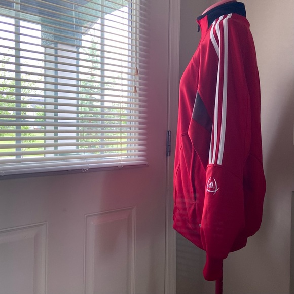 Adidas unisex red, white 3 stripes long sleeve zip up track top. Size XL. Used. - Picture 3 of 10
